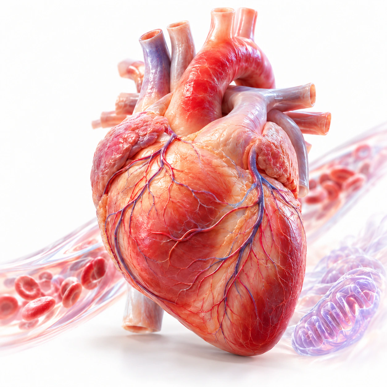 Conceptual 3D cardiovascular illustration of a heart, blood vessel and mitochondria.