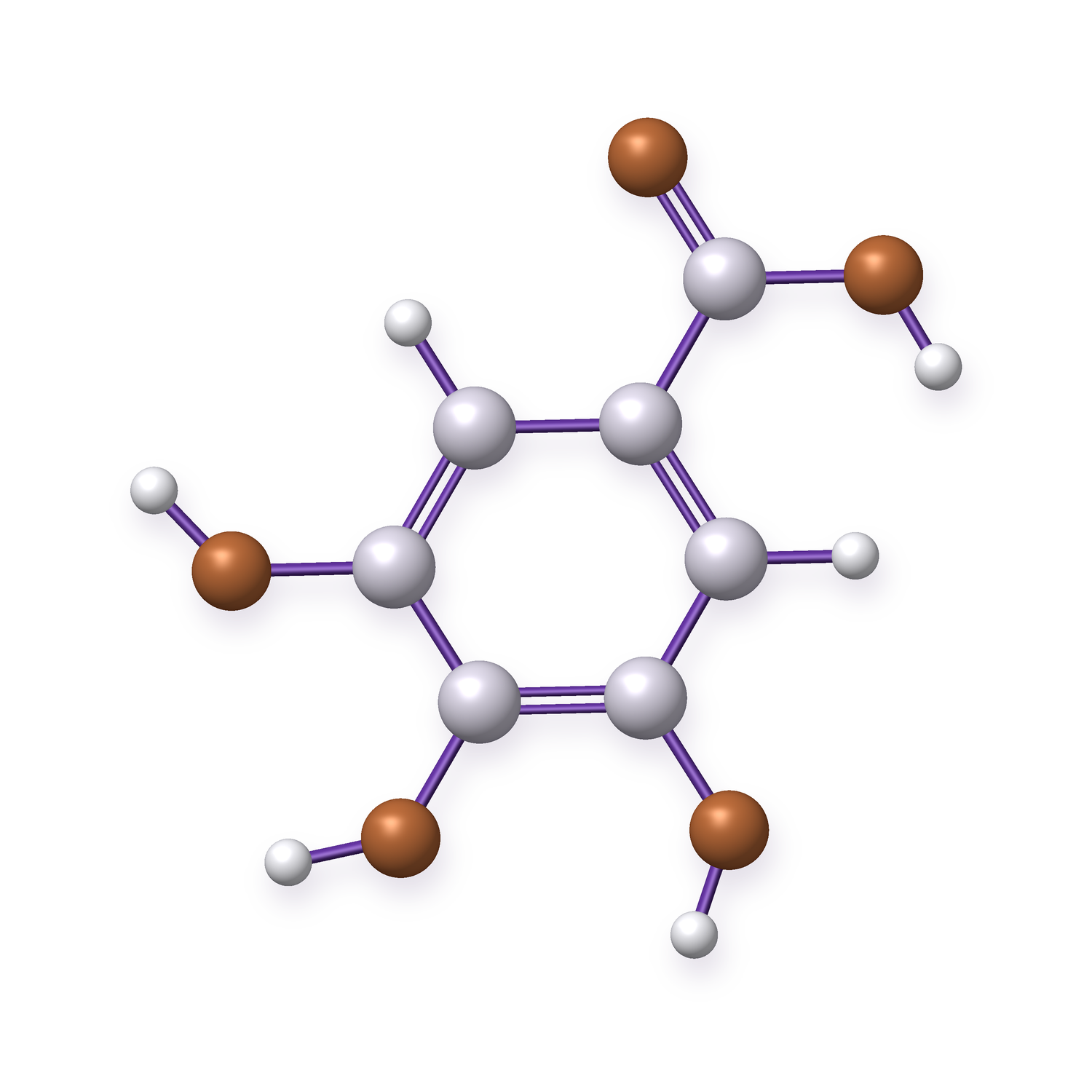Gallic acid, C7H6O5: an idealized molecular structure with pearl carbon, copper oxygen and white hydrogen atoms joined by violet bonds.