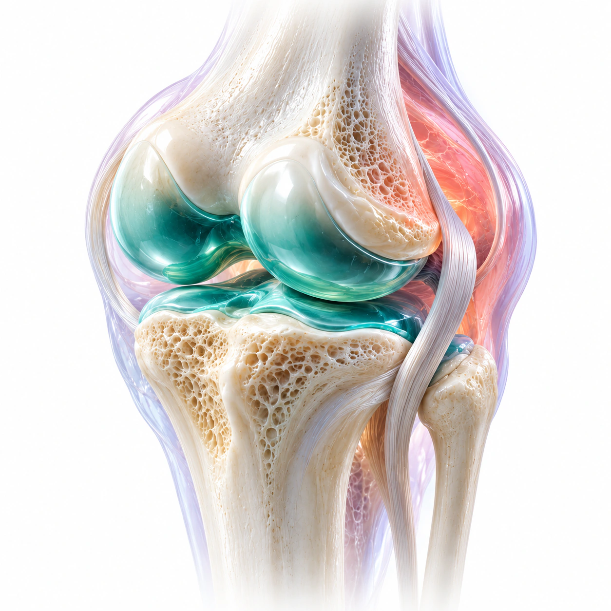 Conceptual 3D joint illustration with pearl-toned bone and emerald cartilage.