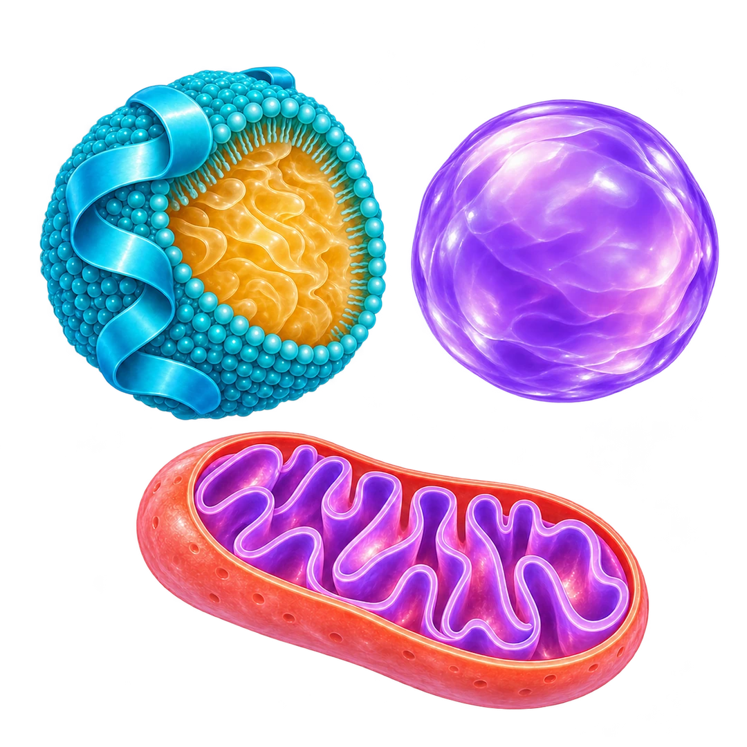 Conceptual lipoprotein particle, lipid droplet and mitochondrion illustrating three metabolic research themes. The artwork is not a measured pathway map.